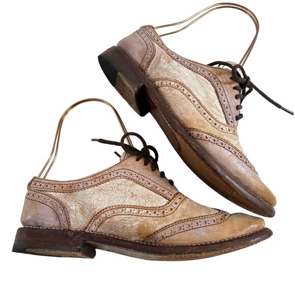 Bed Stu oxfords Lita 7 beige crackled distressed leather wing tip lace up flat - Picture 7 of 11